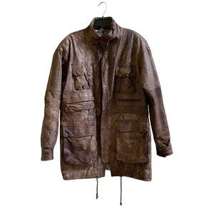 Vintage Brown Leather Parker Coat With Printed Lining & Multiple Pockets.